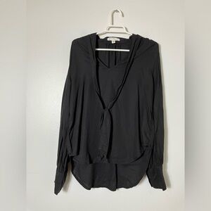 Anthropologie‎ Cloth & Stone Blouse Sz XS Black Office Preppy Tie Front Lyocell